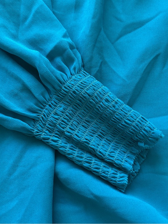 Ann Taylor Teal Smocked Blouse XL Ruffle Neck Long Sleeve Top - Picture 5 of 9